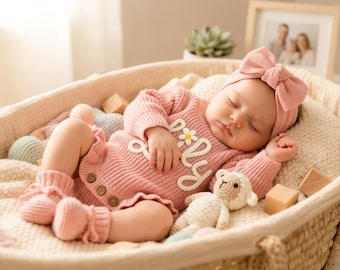 Personalized Hand-Embroidered Baby Romper Set, Coming Home Outfit, Baby Girl Gift