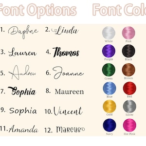 Puede incluir: Una tabla que muestra doce opciones de fuentes numeradas en varios estilos de escritura e imprenta, junto a una paleta de colores de doce muestras de hilo circulares etiquetadas como blanco, rosa, morado, negro, verde, marr&oacute;n, azul, rojo, oro, plata, marino y rosa fuerte.