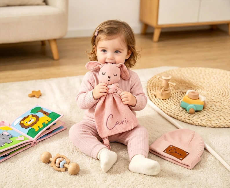 May include: A baby girl in pink clothing holds a pink bunny lovey with the name "Cari" embroidered on it. A matching pink beanie with a brown patch and a wooden rattle are nearby. A colorful soft book and other toys are also visible.