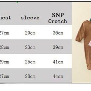 May include: A collection of baby rompers in various colors, including brown, pink, teal, navy, and orange. The image also includes a size chart with measurements in centimeters for length, chest, sleeve, and crotch.