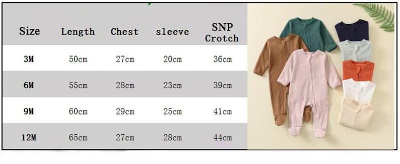 May include: A collection of baby rompers in various colors, including brown, pink, teal, navy, and orange. The image also includes a size chart with measurements in centimeters for length, chest, sleeve, and crotch.