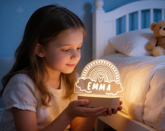 Personalized Night Light, Moon Stars Butterfly Rainbow Kids Room Decor