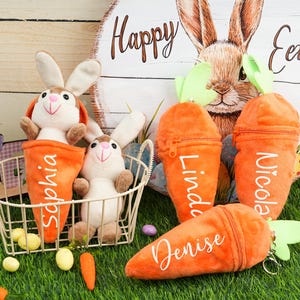 Personalisierte Ostern Karotte Häschen Kaninchen, benutzerdefinierte Osterhase mit Namen, Plüsch Reversible Karotte Häschen, Karotte Schlüsselbund mit Häschen, Ostergeschenk