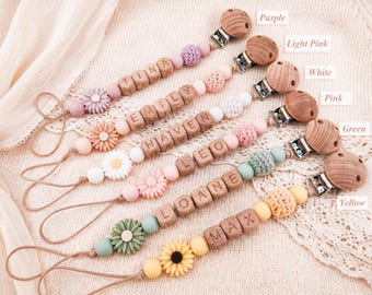 Personalized Crochet Pacifier Clip, Custom Name Baby Accessory, Boho Flower Detail