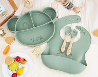 Kit de destete de silicona personalizado para bebés: babero y plato grabados