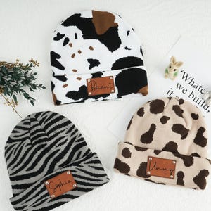 Cow Print Knit Beanie: Thermal Winter Hat with Leather Label