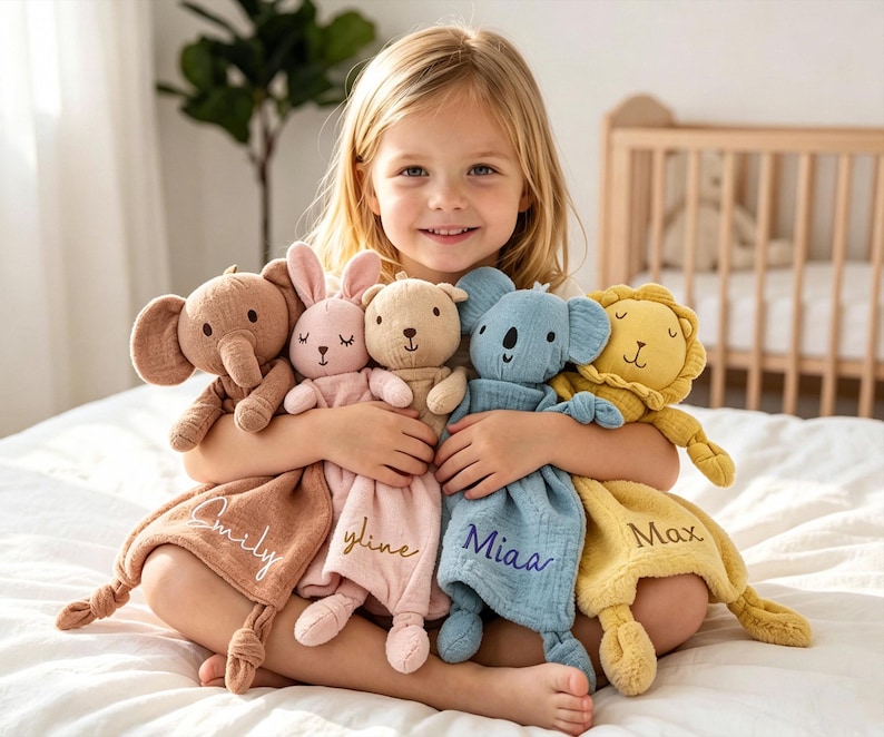 May include: A young girl holds five plush animal security blankets: an elephant, a bunny, a bear, a koala, and a lion. Each animal is a different color, with a matching blanket. The blankets are personalized with names.