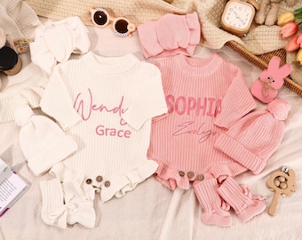 Pelele bordado personalizado con volantes para bebé, pelele tejido personalizado con nombre para recién nacido, regalo para baby shower, atuendo para primer cumpleaños, jersey para niña
