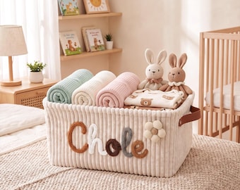 Personalized Woven Baby Keepsake Basket, Custom Name Nursery Storage, Baby Shower Gift