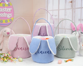 Cestino coniglietto pasquale personalizzato: secchiello ricamato per la caccia alle uova di Pasqua per bambini