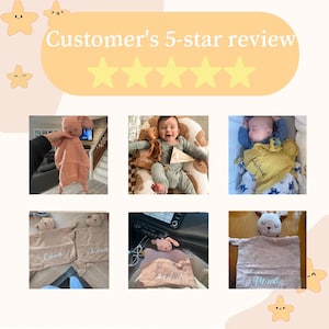 May include: Customer's 5-star review image featuring baby security blankets with animal heads. The blankets are in various shades of pink and tan, with embroidered names. The image also shows a baby with a security blanket.