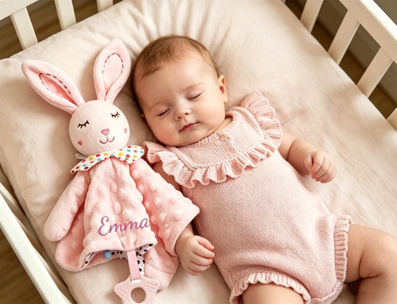 Puede incluir: Una manta de seguridad de peluche rosa con forma de conejo, tejido texturizado con relieve, un lazo de cuello con lunares de colores y el nombre Emma bordado en cursiva. Incluye un mordedor de silicona con forma de estrella en la base.