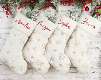 Personalized Plush Christmas Stocking: Sequin Snowflake Family Decoration