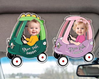 Clip personalizado para la visera del coche con foto infantil: recuerdo personalizado de "Conduce con cuidado, papá"