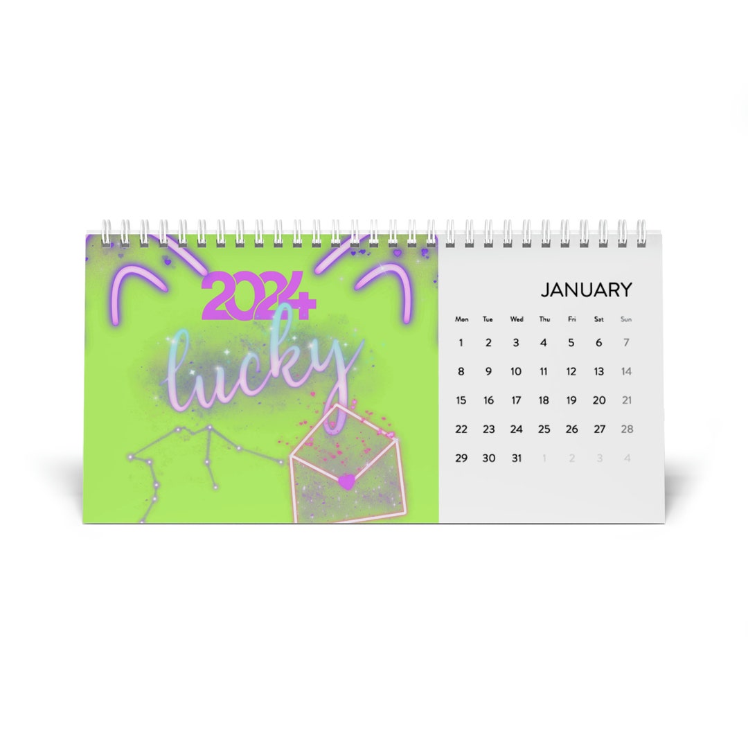 LUCKY Stars 2024 Desk Calendar in Light Green and Purple 2024 Grid