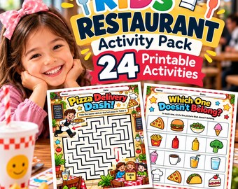 Kids Restaurant Activity Pack, 24 Screen-Free Games, Mazes, Coloring (PDF)