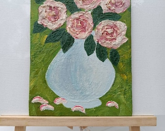 Peinture à l'huile de roses sur toile de panneaux de fibres de bois originale, peinture d'art, peinture de fleurs, peinture murale rose pâle, petite peinture de fleurs roses