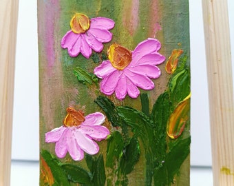 Daisy Painting Floral Original Art Flower Impasto Oil Painting Pink Daisies Artwork 4 by 6 inches