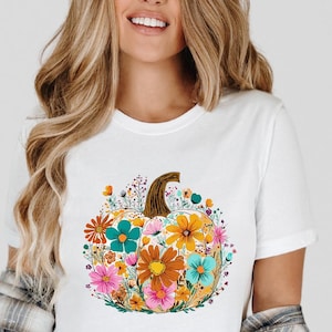Floral Pumpkin Shirt Fall Aesthetic Tee, Colorful Autumn Pumpkin Shirt, Fall Flower Shirt, Boho Pumpkin Shirt, Cute Fall Shirt