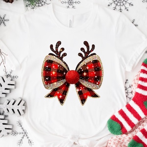 Weihnachten Kokette Schleife T-Shirt: Glitzer Rentier Urlaub T-Shirt