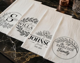 Personalized Kitchen Towel Custom Family Name Gifts Housewarming Wedding Monogrammed Cotton Tea Towel Dish Established Date Anniversary Gift