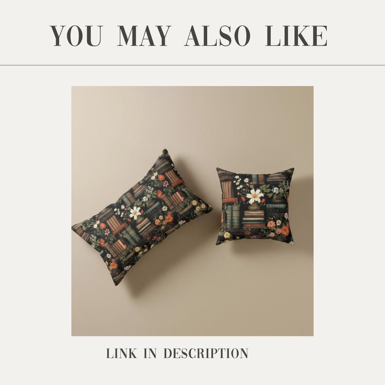 May include: Two rectangular and square throw cushions featuring a dark background with a repeating pattern of stacked books, white flowers, and orange blossoms. The text YOU MAY ALSO LIKE and LINK IN DESCRIPTION appears above and below the cushions.