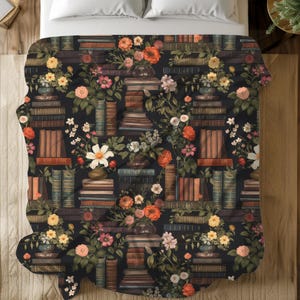 Plush Velveteen Blanket Dark Academia Vintage Library Pattern Book Lover Design Reading Enthusiast Gift Cozy Warm Throw Dark Background Style Colorful Book Illustrations Floral Arrangement Details Machine Washable Construction Three Size Options