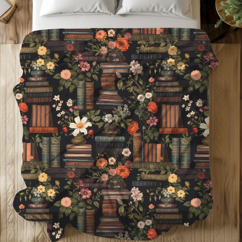 Plush Velveteen Blanket Dark Academia Vintage Library Pattern Book Lover Design Reading Enthusiast Gift Cozy Warm Throw Dark Background Style Colorful Book Illustrations Floral Arrangement Details Machine Washable Construction Three Size Options