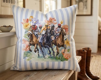 Horse Derby Pillow Horse Racing Jockey Illustration Striped Pillowcase Equestrian Decor Spring Throw Cover Machine Washable Home Accent