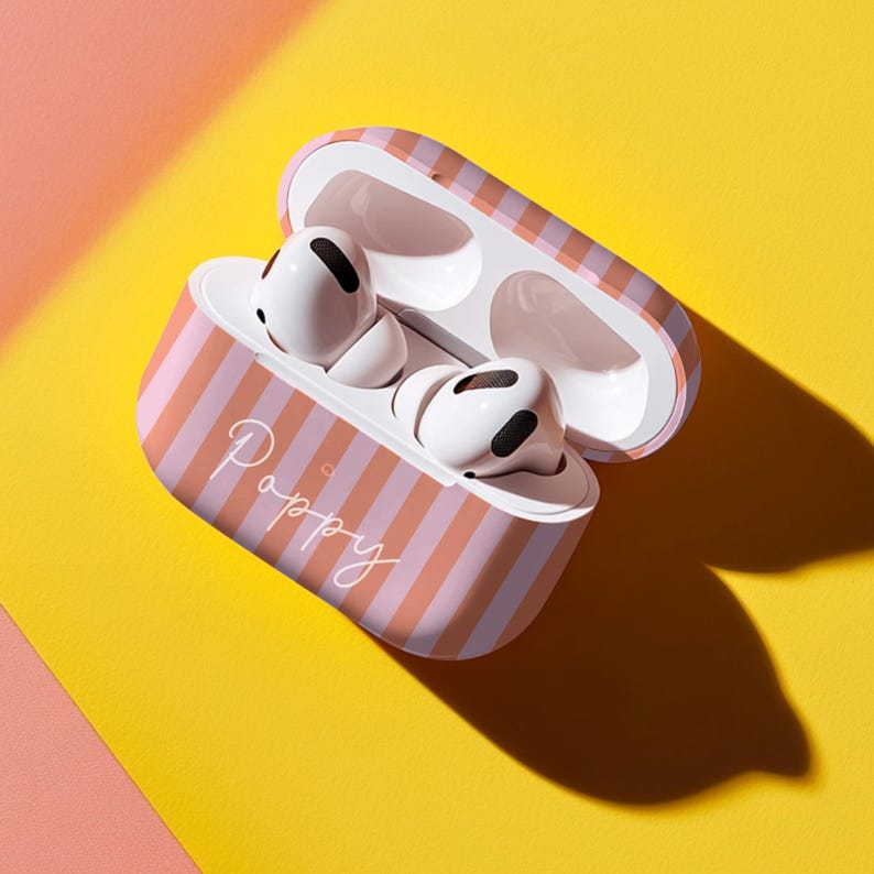 Gestreifte Airpods-Hülle Airpods 4 Hülle Modernes Design Tech Accessoire Geschenke für Teenager Mädchen Adrette Drahtlose Halter Benutzerdefinierter Name Monogramm Geschenk Bild 12