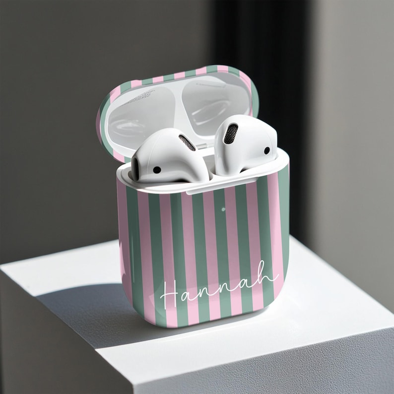 Premium Tech Protection Striped Pattern Design Modern Airpods Case Hard Shell Construction Custom Name Feature Monogram Option Available Teen Gift Essential Preppy Style Fashion Statement Quality Wireless Device Holder Student Present