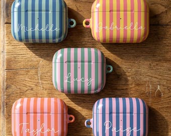 Striped Airpods Case Airpods 4 Case Modern Design Tech Accessory Gifts For Teen Girls Preppy Style Wireless Holder Custom Name Monogram Gift