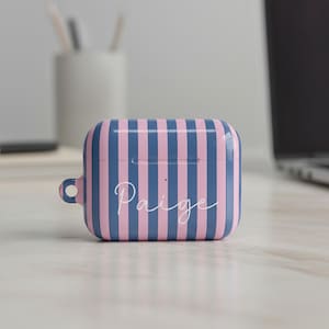 Custom Monogram Airpods Case Personalized Tech Gift Striped Pattern Design Teen Girl Present Preppy Style Accessory Durable Protective Cover Wireless Earbud Holder Hard Shell Protection Airpods 4 Compatible Modern Aesthetic Daily Use