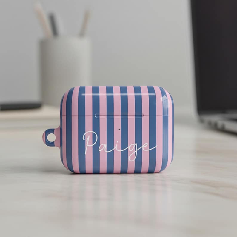 Custom Monogram Airpods Case Personalized Tech Gift Striped Pattern Design Teen Girl Present Preppy Style Accessory Durable Protective Cover Wireless Earbud Holder Hard Shell Protection Airpods 4 Compatible Modern Aesthetic Daily Use