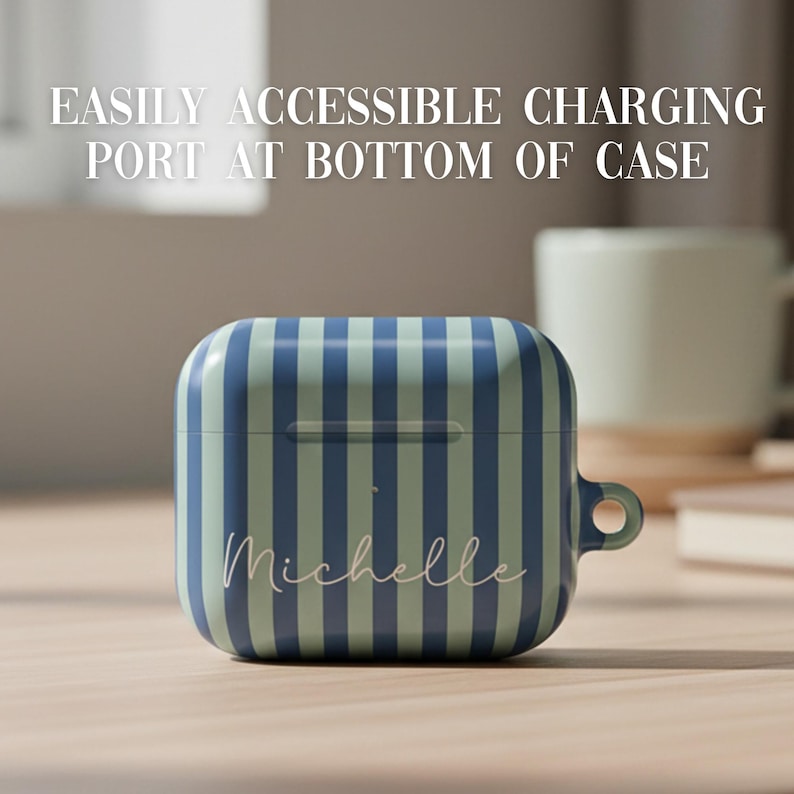 Airpods 4 Compatible Case Tech Accessory Striped Pattern Design Hard Shell Protection Wireless Earbud Holder Custom Monogram Option Preppy Style Aesthetic Teen Girl Gift Idea Perfect Present Durable Material Daily Use Essential Stylish
