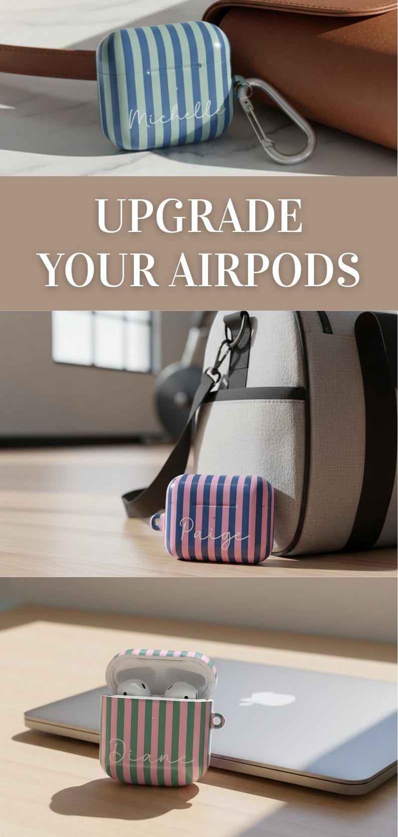 Gestreifte Airpods-Hülle Airpods 4 Hülle Modernes Design Tech Accessoire Geschenke für Teenager Mädchen Adrette Drahtlose Halter Benutzerdefinierter Name Monogramm Geschenk Bild 19