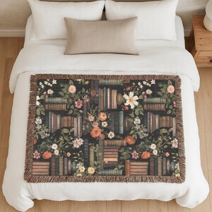 Woven Cotton Tapestry Textile Wall Hanging Vintage Library Design Fringe Border Detail Handcrafted Quality Construction Dark Academia Aesthetic Antique Book Illustration Floral Rose Peony Pattern Literary Theme Decoration Bedroom Wall Art