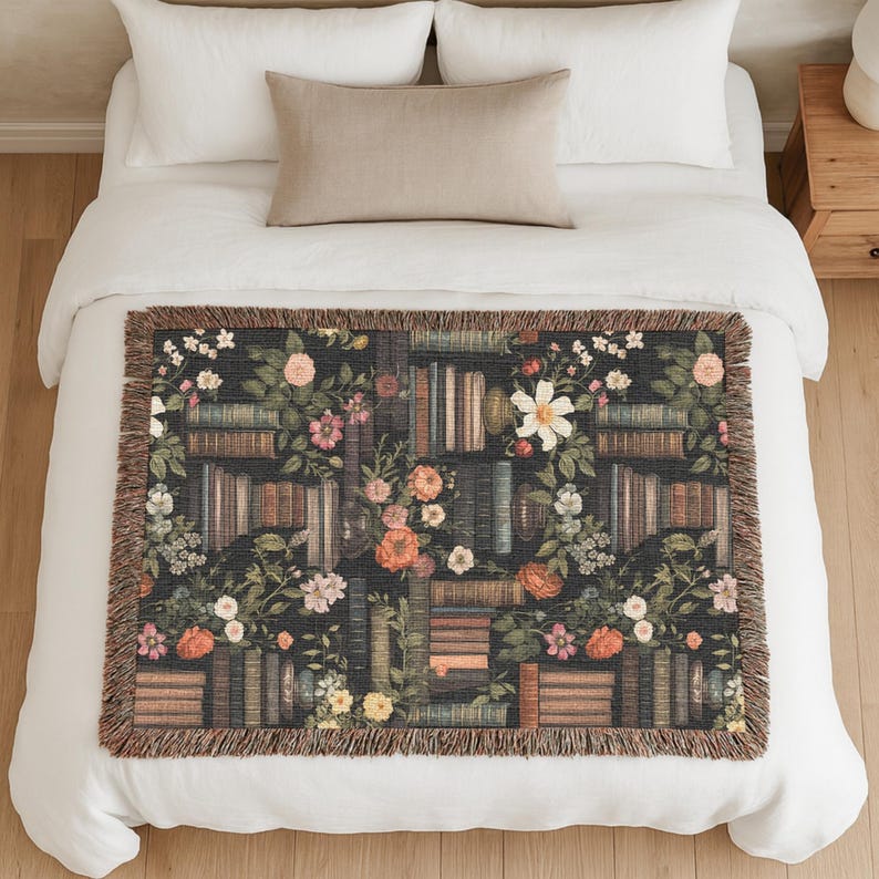 Woven Cotton Tapestry Textile Wall Hanging Vintage Library Design Fringe Border Detail Handcrafted Quality Construction Dark Academia Aesthetic Antique Book Illustration Floral Rose Peony Pattern Literary Theme Decoration Bedroom Wall Art