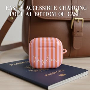 Customized Airpods Cover Hard Shell Case Durable Material Striped Pattern Design Tech Accessory Gift Airpods 4 Compatible Wireless Earbud Holder Custom Monogram Option Preppy Style Aesthetic Teen Girl Present Perfect Birthday Gift
