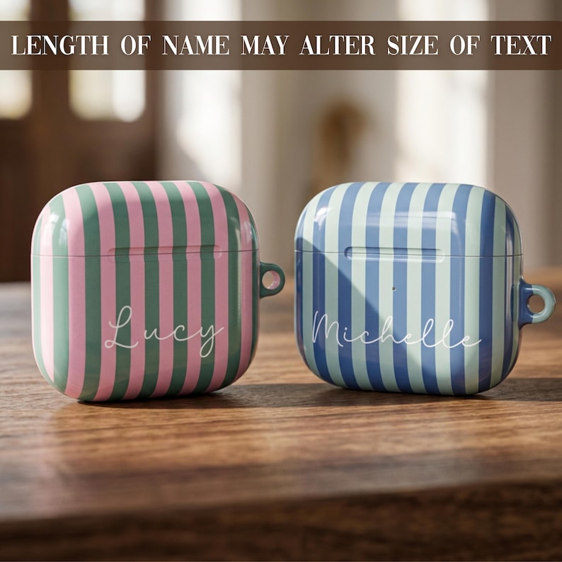 Personalized Protective Airpods Cover Hard Shell Case Durable Material Striped Pattern Design Tech Accessory Gift Airpods 4 Compatible Wireless Earbud Holder Custom Monogram Option Preppy Style Aesthetic Teen Girl Present Perfect Birthday Gift