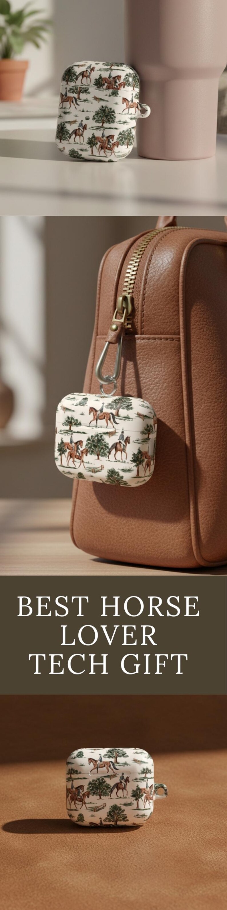 May include: A white AirPod case with a repeating pattern of brown horses and riders, trees, and foliage. The case is attached to a brown leather bag. Text at the bottom reads: BEST HORSE LOVER TECH GIFT.