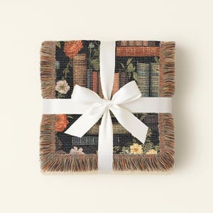 Literary Gift Tapestry Bookish Wall Hanging Vintage Library Collection Dark Academia Aesthetic Cotton Woven Textile Antique Book Design Floral Rose Peony Illustration Fringe Border Detail Cottagecore Room Decoration Reading Nook Accent