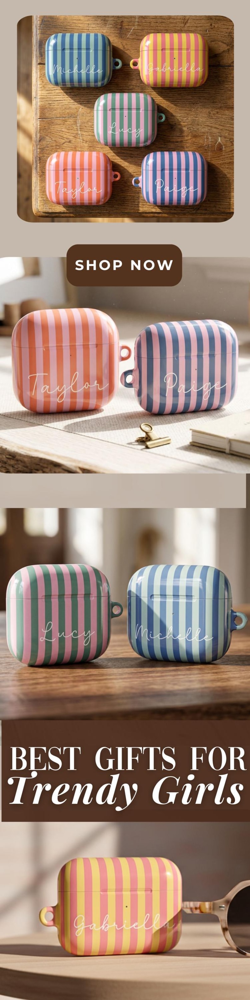 May include: A collection of rectangular earbud cases featuring vertical stripes in various color combinations including blue and light blue, yellow and pink, green and pink, and orange and pink. Each case is personalized with a white script name.