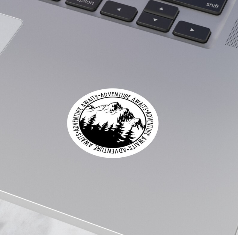 Round Sticker Decal Adventure Awaits Mountain Camping Sticker Custom ...