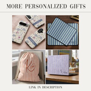 May include: A collection of personalized items including floral patterned phone cases with names, blue and white striped mouse pads with initials, a peach and white striped drawstring bag with a monogram, and a purple striped laptop skin with a name.