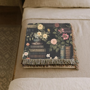 Bedroom Wall Decoration Vintage Library Tapestry Woven Textile Hanging Multiple Size Options Dark Academia Aesthetic Cotton Material Fringe Border Detail Antique Book Illustration Floral Rose Peony Design Literary Theme Room Accent