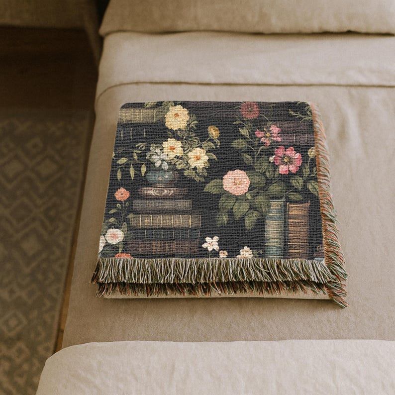 Bedroom Wall Decoration Vintage Library Tapestry Woven Textile Hanging Multiple Size Options Dark Academia Aesthetic Cotton Material Fringe Border Detail Antique Book Illustration Floral Rose Peony Design Literary Theme Room Accent