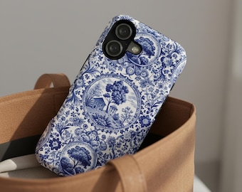 Toile Iphone 16 Case Damask Pattern Vintage Style Victorian Design Cottagecore Aesthetic Delft Blue Shell Phone Cover Protective Magsafe