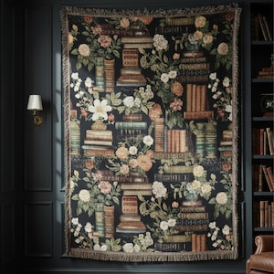 Vintage Library Wall Tapestry Woven Cotton Hanging Dark Academia Aesthetic Antique Book Collection Floral Rose Peony Design Literary Theme Room Decoration Cottagecore Style Fringe Border Bedroom Wall Accent Reading Nook Gift Idea Large Size