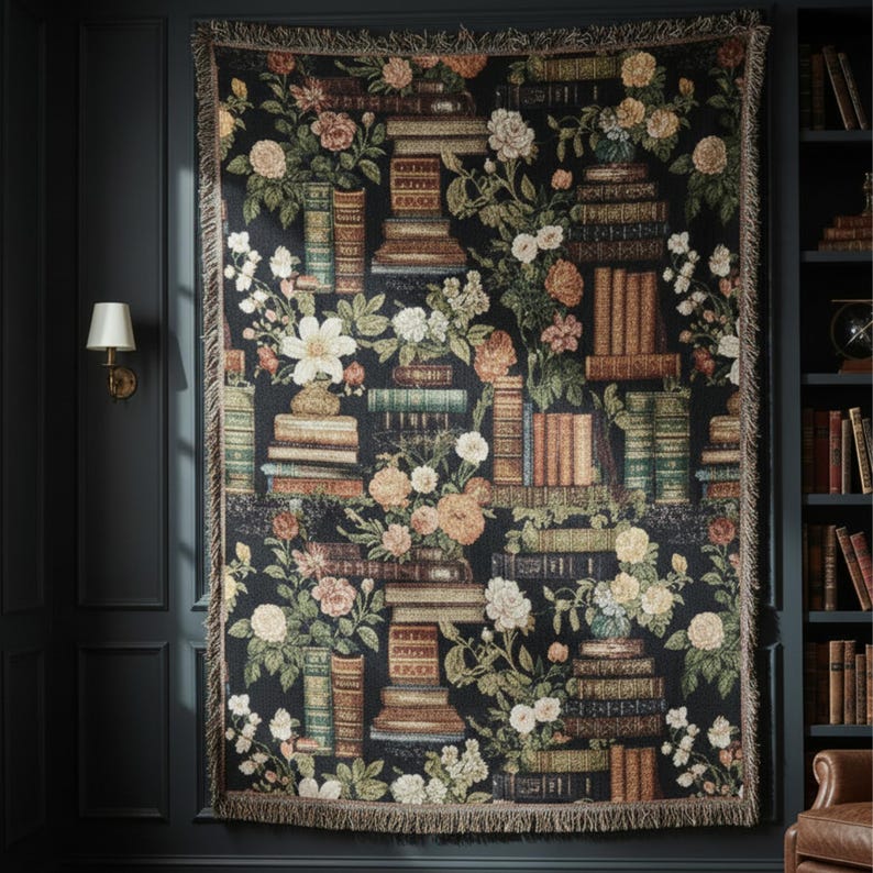 Vintage Library Wall Tapestry Woven Cotton Hanging Dark Academia Aesthetic Antique Book Collection Floral Rose Peony Design Literary Theme Room Decoration Cottagecore Style Fringe Border Bedroom Wall Accent Reading Nook Gift Idea Large Size